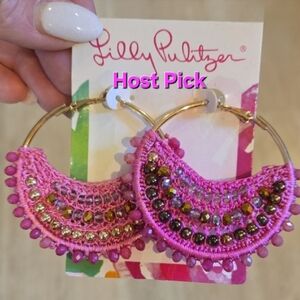 New Lilly Pulitzer Bougainvillea Pink Statement Hoop Crochet Beaded Earrings